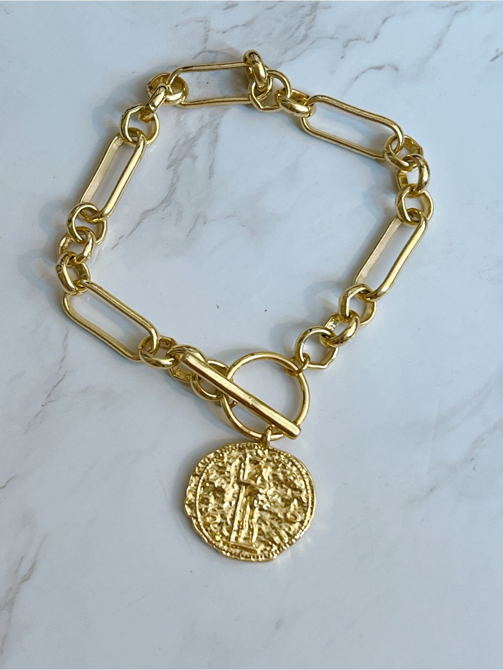 18k yellow gold plated Athena ancient coin 7” bracelet toggle paperclip